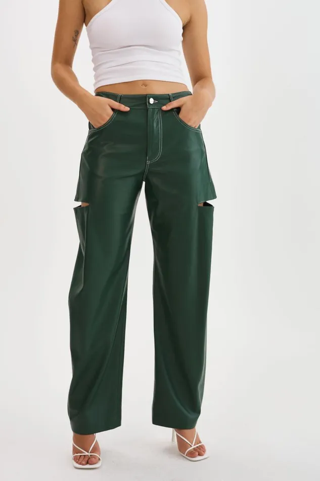 Women FALEEN Faux Leather Loose Pants Alpine Green LAMARQUE Pants and Shorts