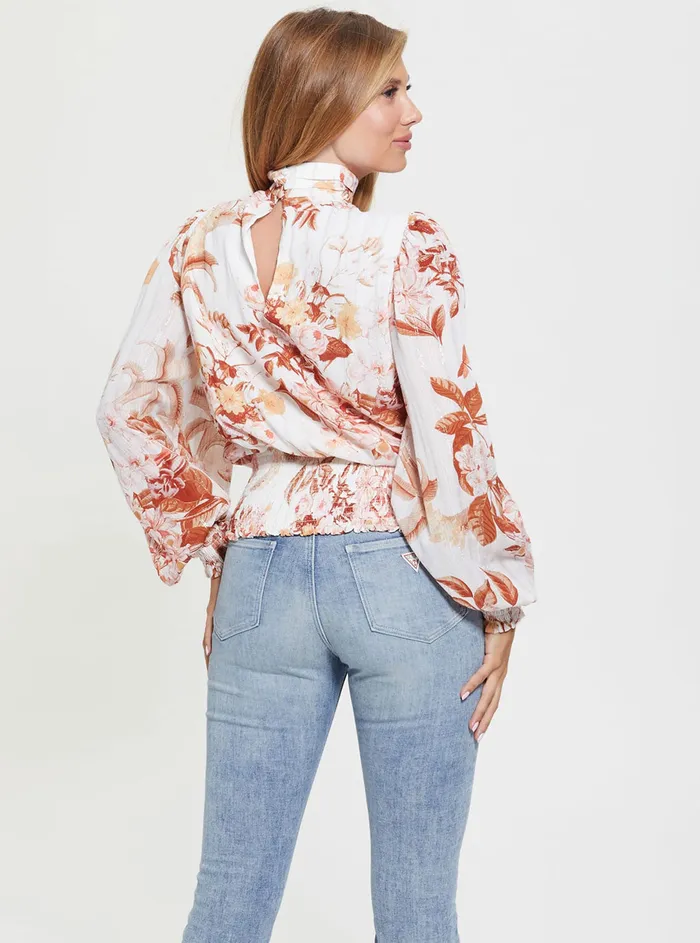 Women Fashion Tops GUESS White Forest Floral Monique Top Women Fashion Tops GUESS White Forest Floral Monique Top
