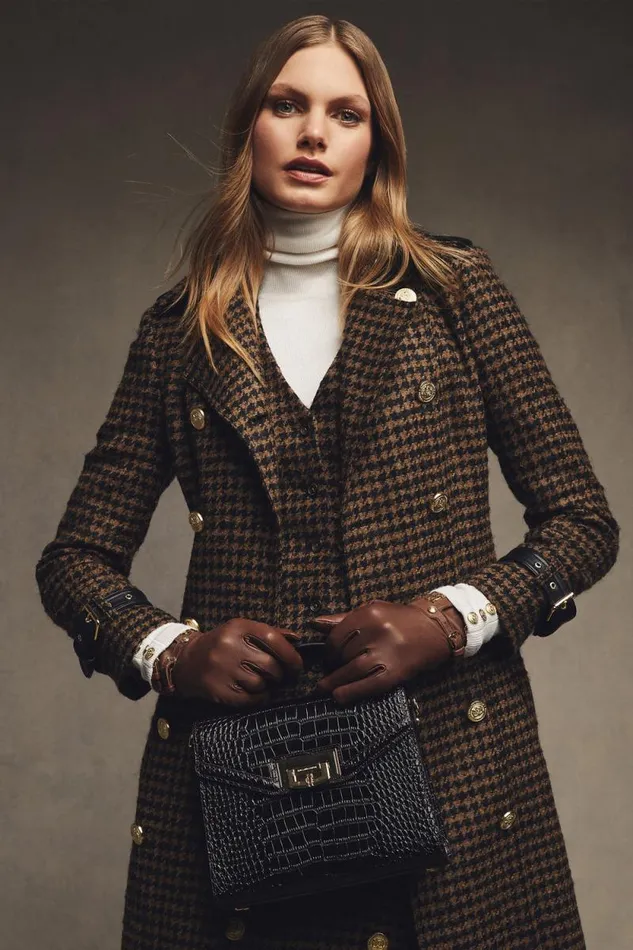Women Full Length Marlborough Trench Coat Chocolate Houndstooth Holland Cooper Tailoring