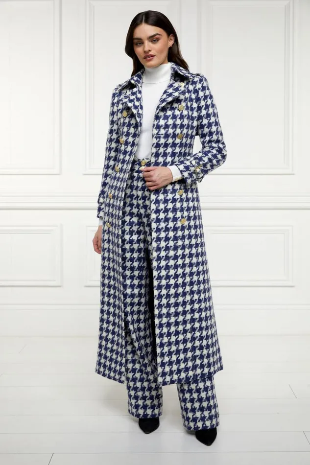 Women Full Length Marlborough Trench Coat Large Scale Navy Houndstooth Holland Cooper Coats
