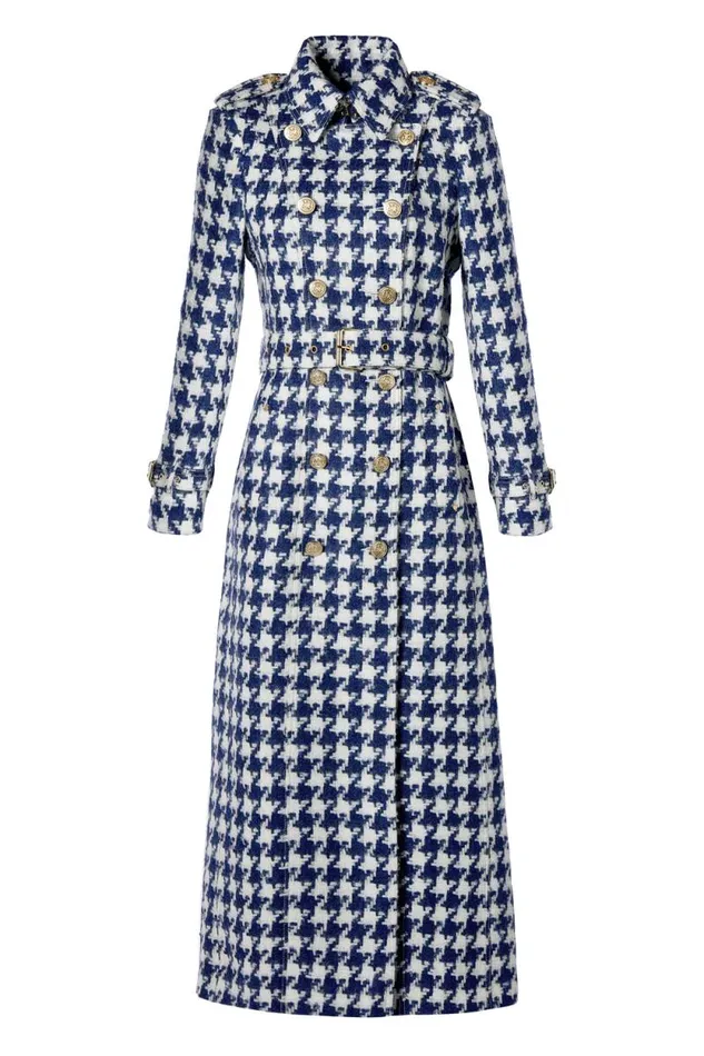 Women Full Length Marlborough Trench Coat Large Scale Navy Houndstooth Holland Cooper Coats
