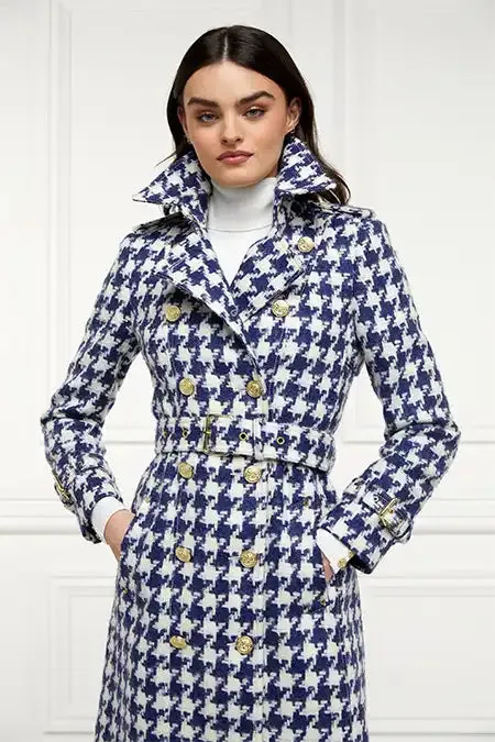 Women Full Length Marlborough Trench Coat Large Scale Navy Houndstooth Holland Cooper Coats