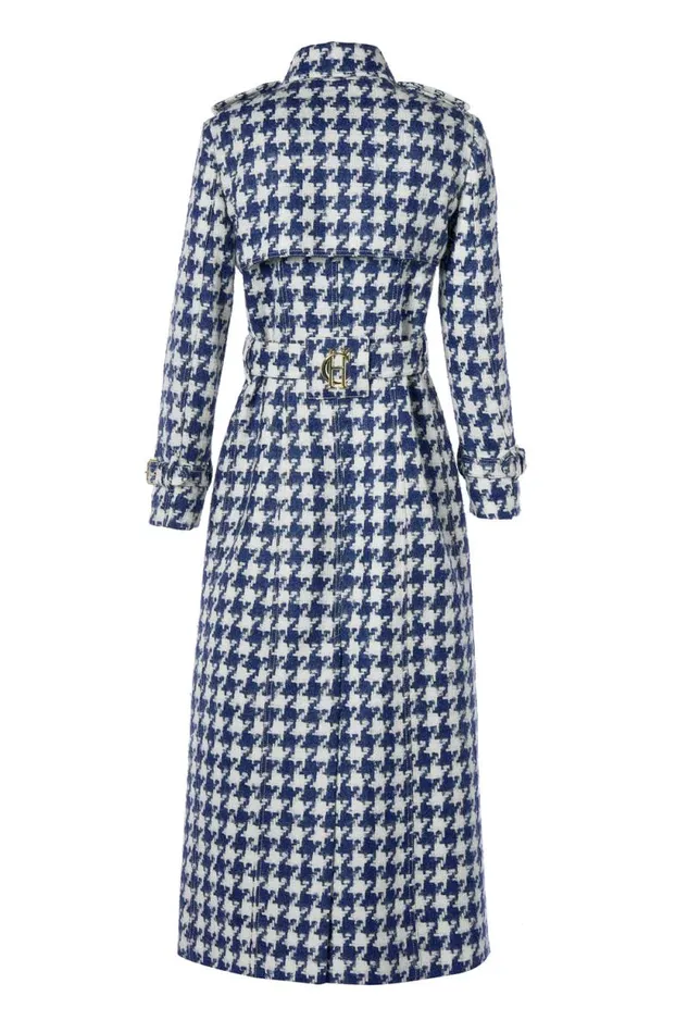 Women Full Length Marlborough Trench Coat Large Scale Navy Houndstooth Holland Cooper Coats