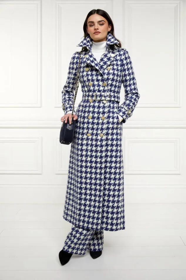 Women Full Length Marlborough Trench Coat Large Scale Navy Houndstooth Holland Cooper Coats
