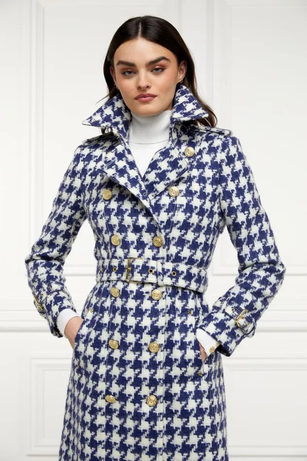 Women Full Length Marlborough Trench Coat Large Scale Navy Houndstooth Holland Cooper Coats