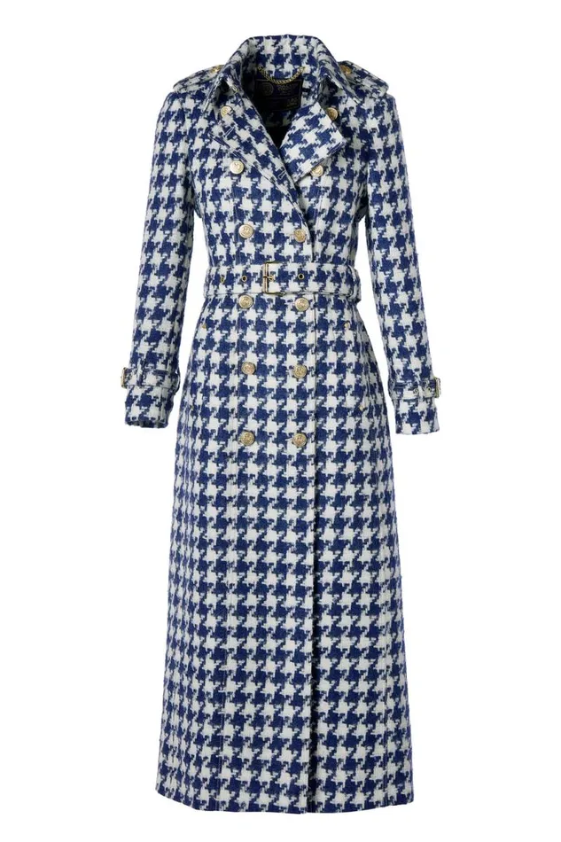 Women Full Length Marlborough Trench Coat Large Scale Navy Houndstooth Holland Cooper Coats