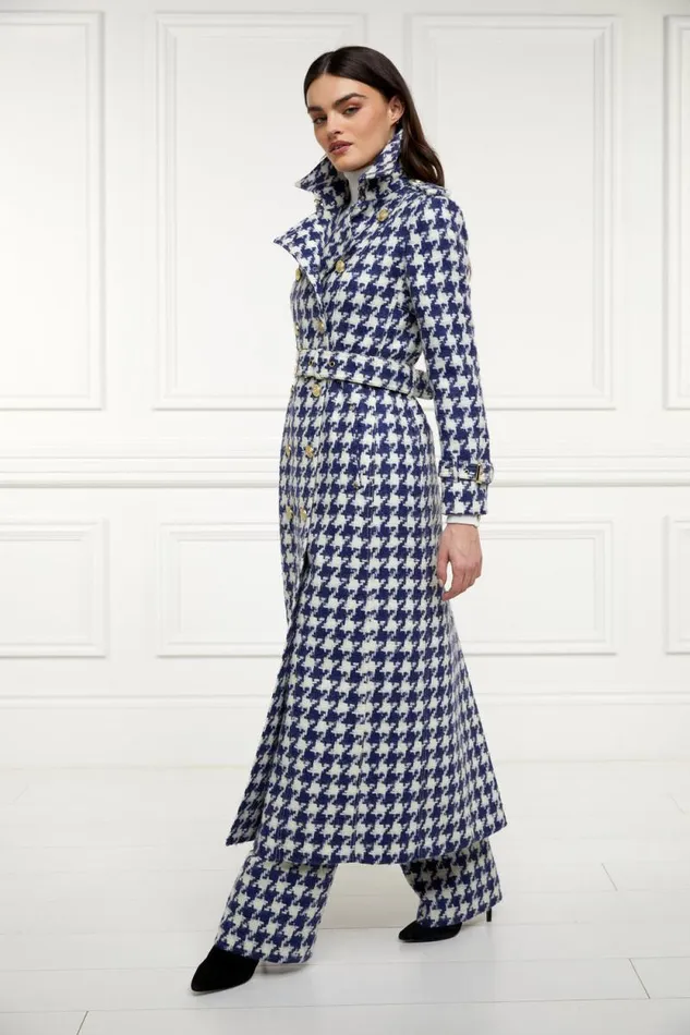 Women Full Length Marlborough Trench Coat Large Scale Navy Houndstooth Holland Cooper Coats