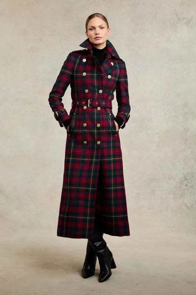 Women Full Length Marlborough Trench Coat Logan Tartan Holland Cooper Tailoring