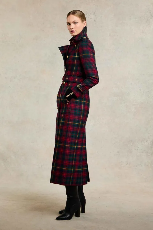 Women Full Length Marlborough Trench Coat Logan Tartan Holland Cooper Tailoring