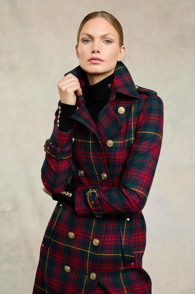 Women Full Length Marlborough Trench Coat Logan Tartan Holland Cooper Tailoring