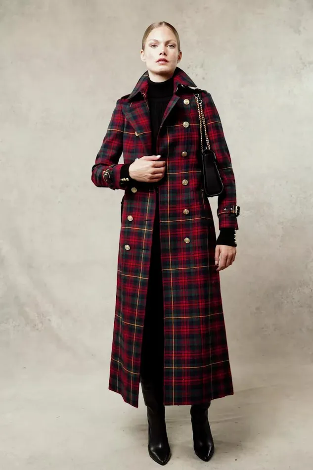 Women Full Length Marlborough Trench Coat Logan Tartan Holland Cooper Tailoring