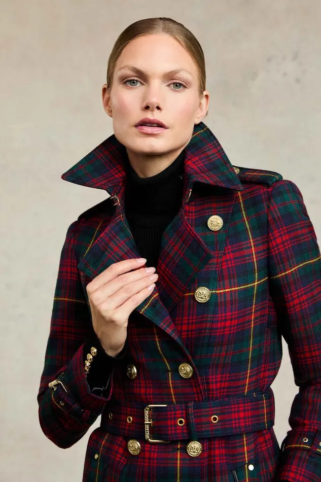Women Full Length Marlborough Trench Coat Logan Tartan Holland Cooper Tailoring
