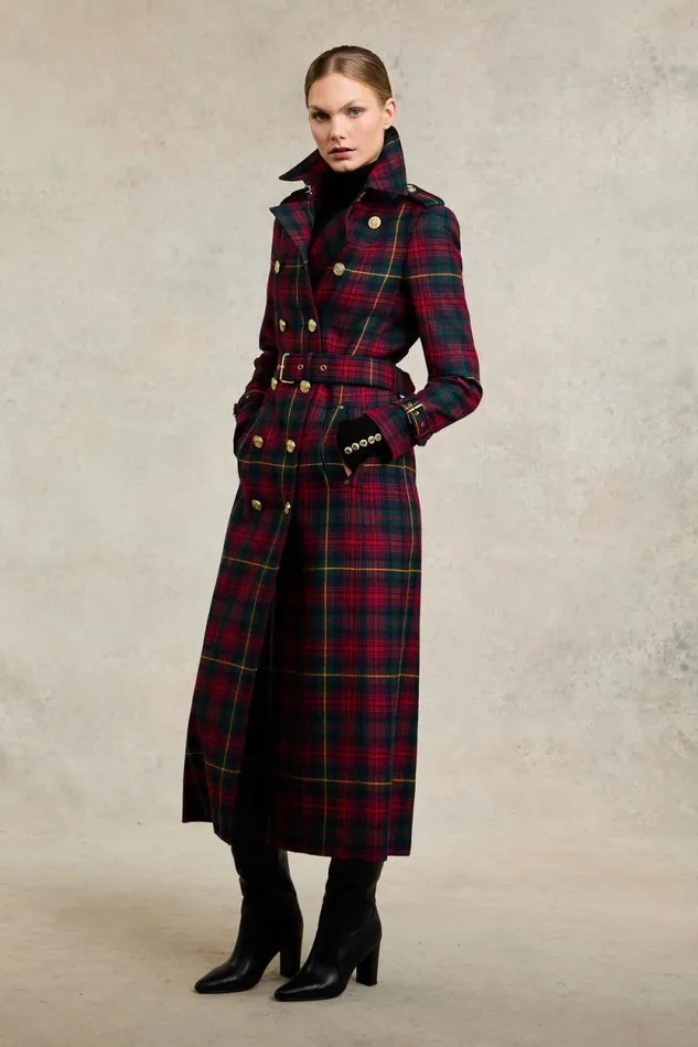Women Full Length Marlborough Trench Coat Logan Tartan Holland Cooper Tailoring