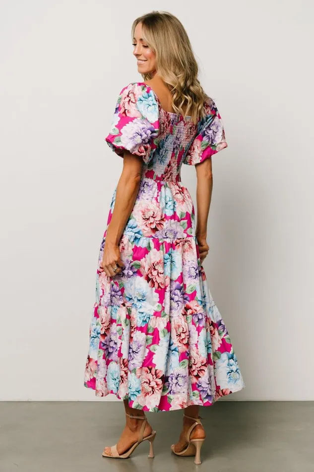 Women Iva Puff Sleeve Midi Dress Fuchsia Multi Floral Baltic Born Midi Dresses