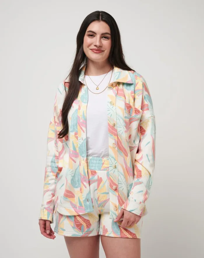Women Jackets TravisMathew VACAY AND ROSE CLOUD FLEECE SHACKET Ivory Multi Women Jackets TravisMathew VACAY AND ROSE CLOUD FLEECE SHACKET Ivory Multi