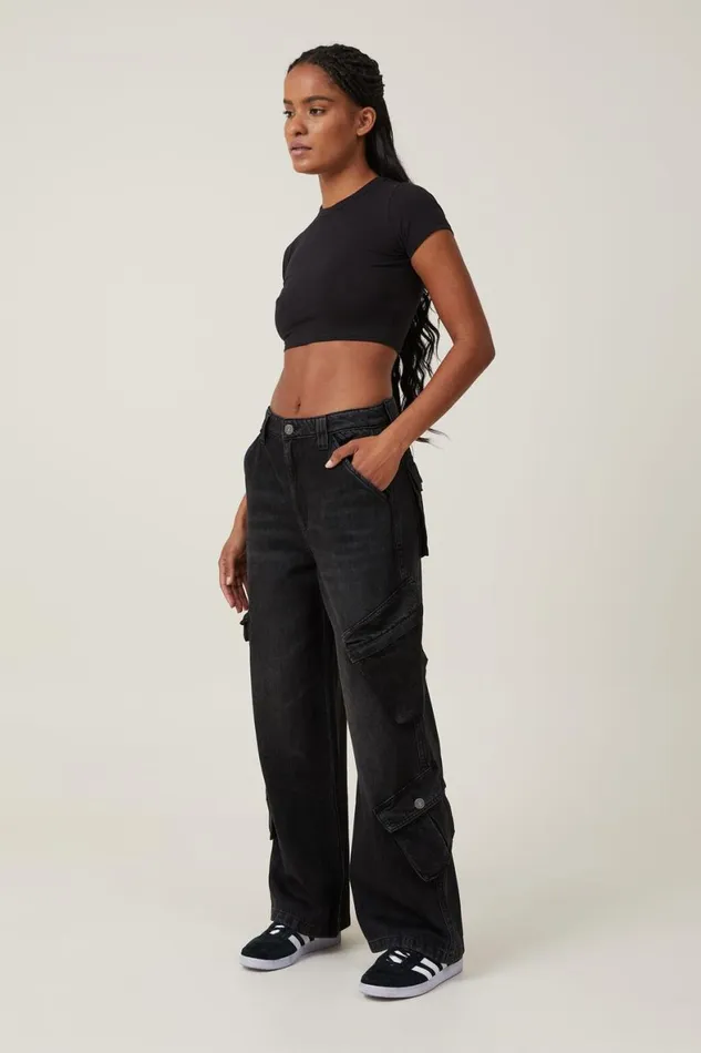 Women Jeans Cotton On Cargo Super Baggy Jean Black Pepper