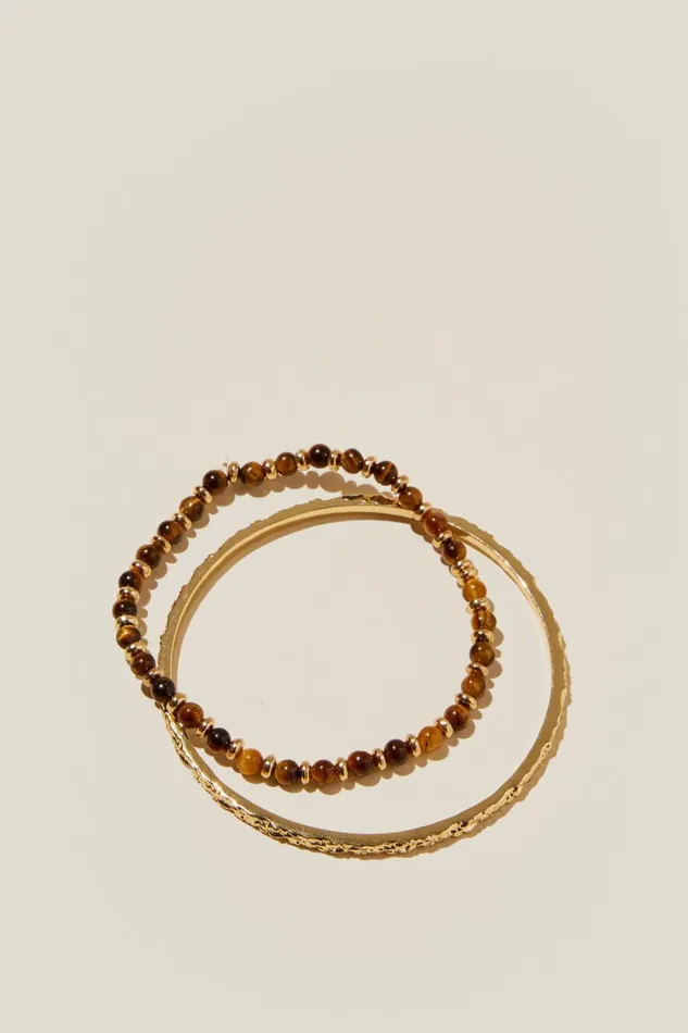 Women Jewelry Cotton On Multipack Bracelet Gold Plated Tigers Eye and Hammered Bangle