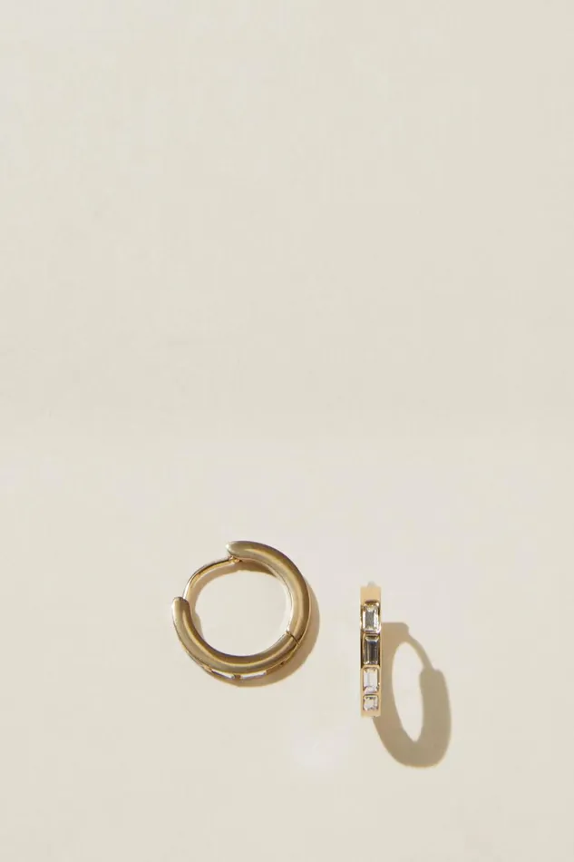 Women Jewelry Cotton On Waterproof Mid Hoop Earring Gold Plated Baguette Diamante