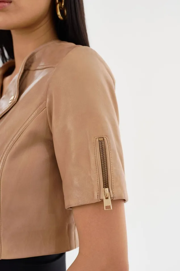 Women KIRSI GOLD Cropped Biker Jacket Camel LAMARQUE Short Sleeve Jackets Women KIRSI GOLD Cropped Biker Jacket Camel LAMARQUE Short Sleeve Jackets
