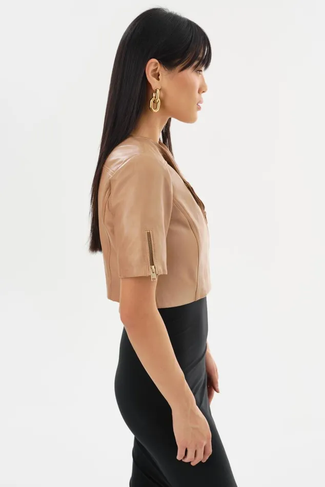 Women KIRSI GOLD Cropped Biker Jacket Camel LAMARQUE Short Sleeve Jackets Women KIRSI GOLD Cropped Biker Jacket Camel LAMARQUE Short Sleeve Jackets