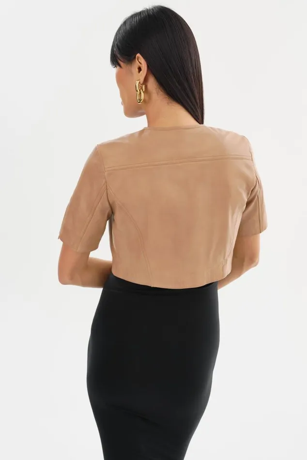 Women KIRSI GOLD Cropped Biker Jacket Camel LAMARQUE Short Sleeve Jackets Women KIRSI GOLD Cropped Biker Jacket Camel LAMARQUE Short Sleeve Jackets