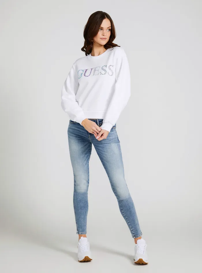 Women Knits and Sweaters GUESS Eco White Coloured Rhinestone Logo Jumper Women Knits and Sweaters GUESS Eco White Coloured Rhinestone Logo Jumper