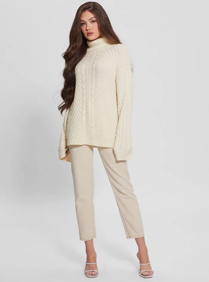 Women Knits and Sweaters GUESS White Wendi Cable Knit Turtleneck Top