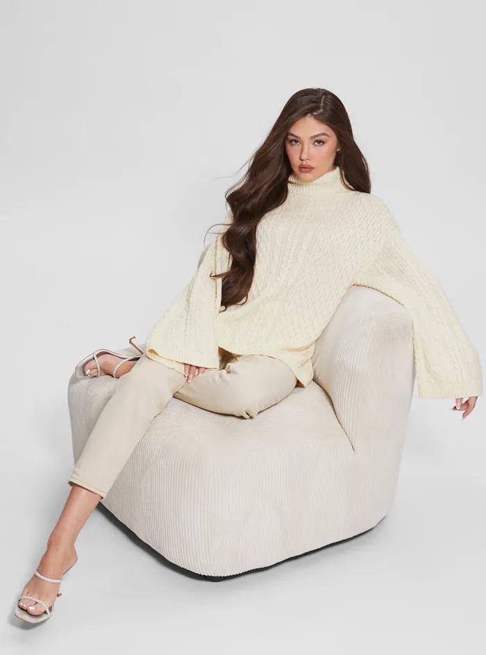 Women Knits and Sweaters GUESS White Wendi Cable Knit Turtleneck Top