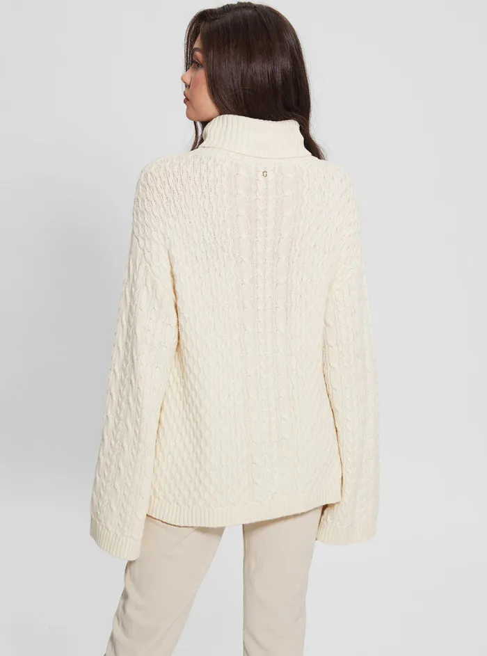 Women Knits and Sweaters GUESS White Wendi Cable Knit Turtleneck Top