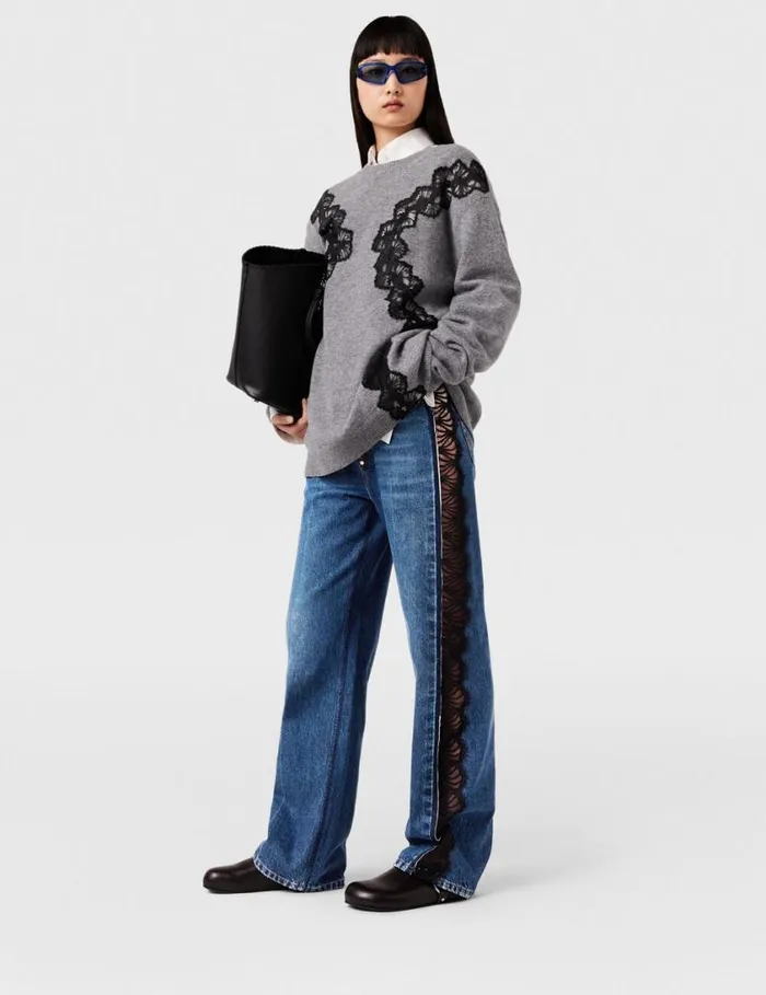 Women Lace Insert Long Sleeve Sweater Grey Melange Stella McCartney Knitwear
