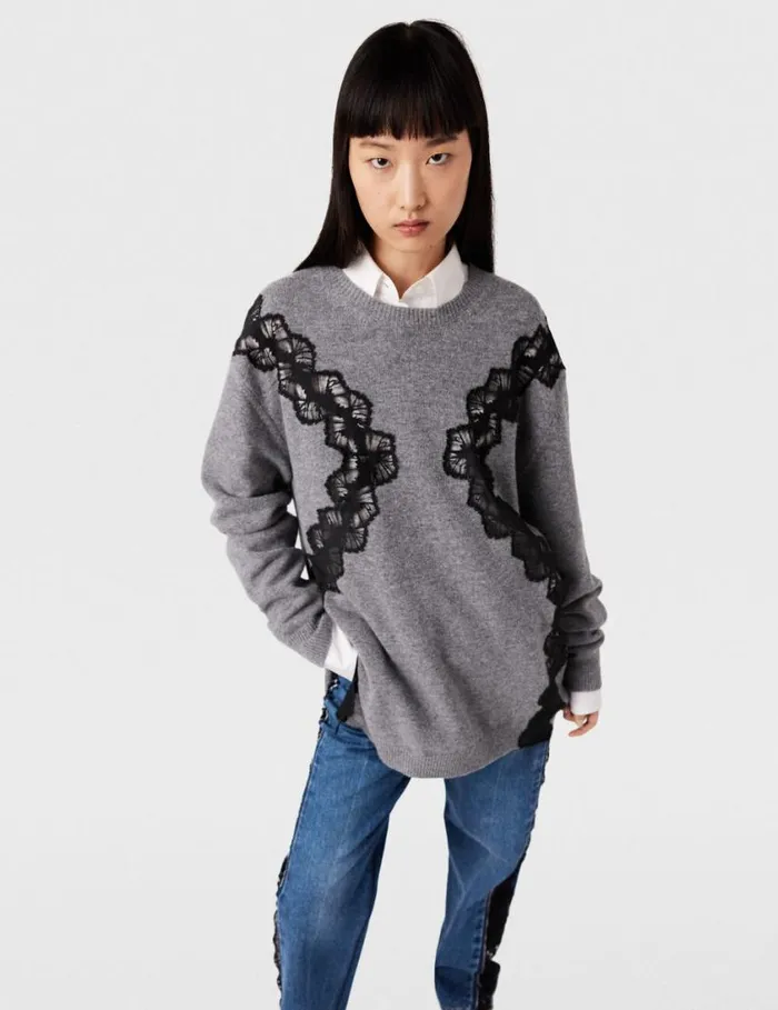 Women Lace Insert Long Sleeve Sweater Grey Melange Stella McCartney Knitwear