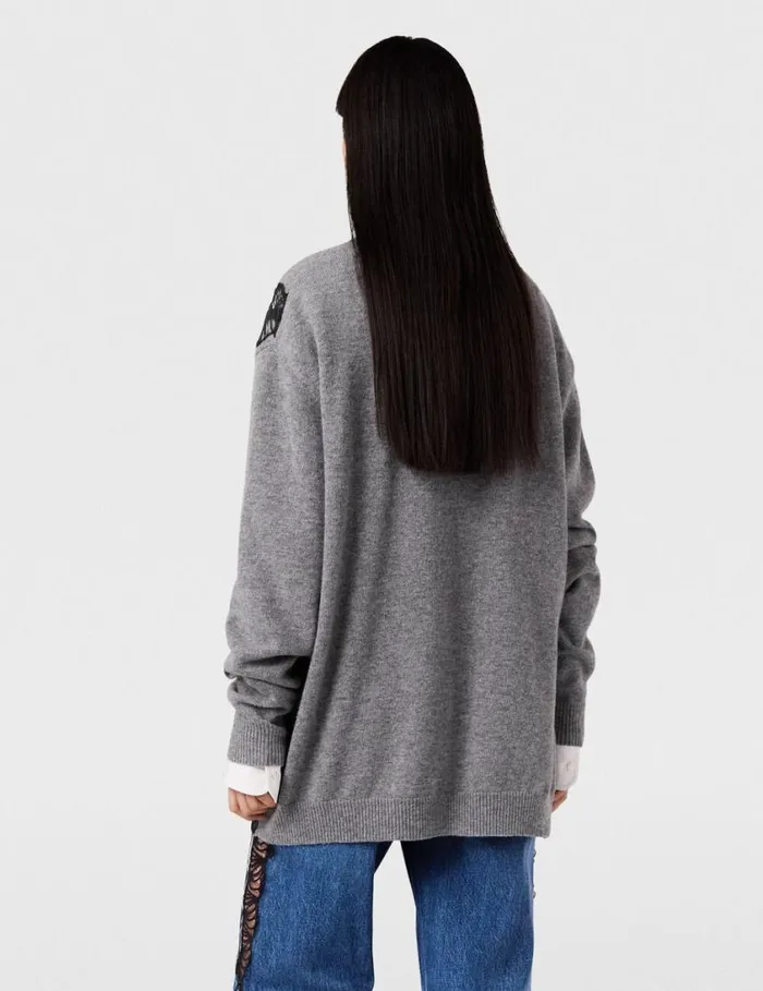 Women Lace Insert Long Sleeve Sweater Grey Melange Stella McCartney Knitwear