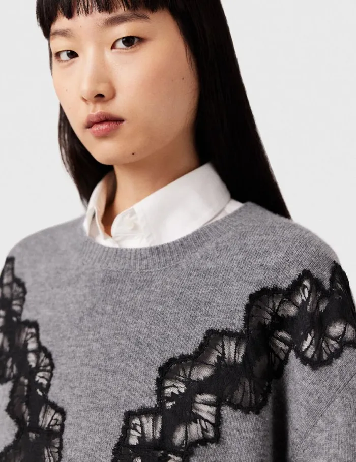 Women Lace Insert Long Sleeve Sweater Grey Melange Stella McCartney Knitwear