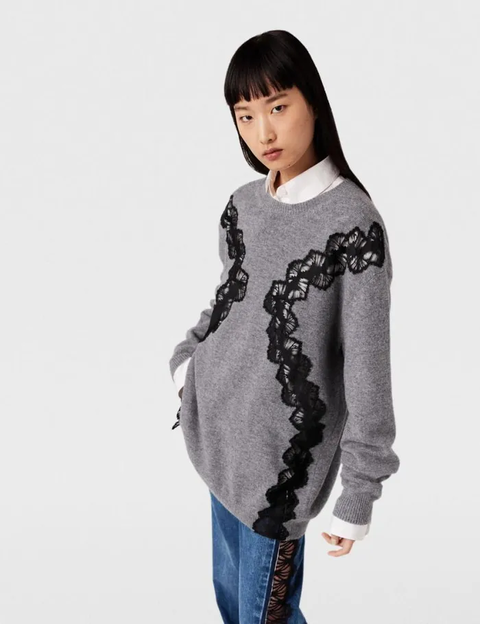 Women Lace Insert Long Sleeve Sweater Grey Melange Stella McCartney Knitwear
