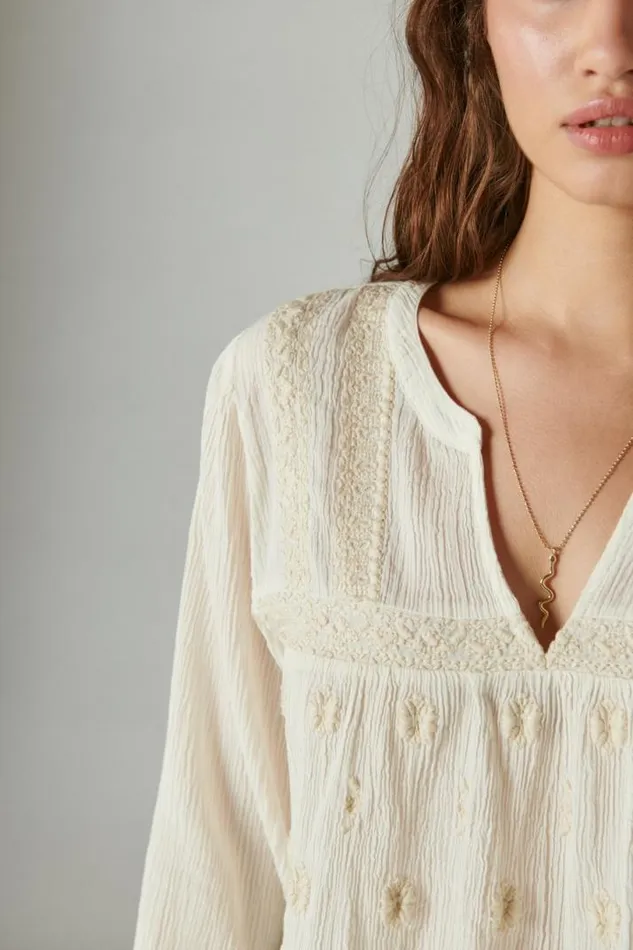 Women Lucky Brand All Tops Embroidered Popover Blouse Whisper White