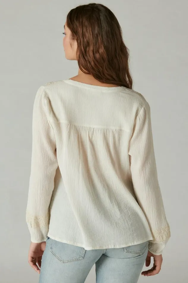 Women Lucky Brand All Tops Embroidered Popover Blouse Whisper White