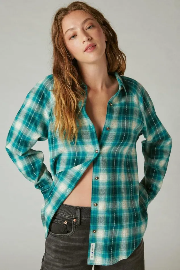 Women Lucky Brand All Tops Oversized Plaid Tunic Green Clover Plaid