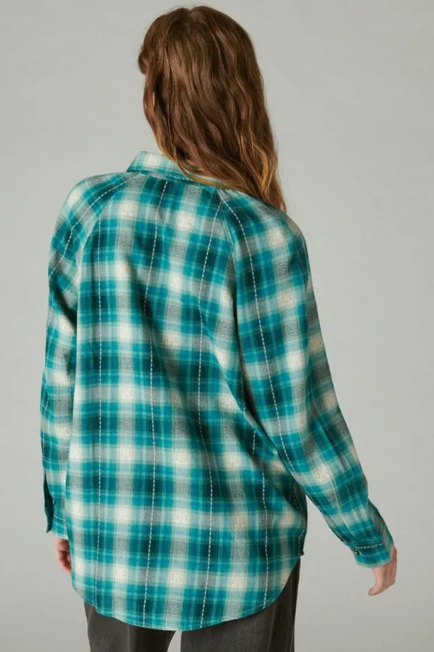 Women Lucky Brand All Tops Oversized Plaid Tunic Green Clover Plaid