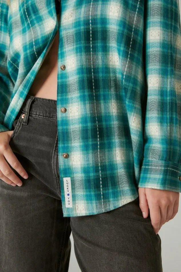 Women Lucky Brand All Tops Oversized Plaid Tunic Green Clover Plaid