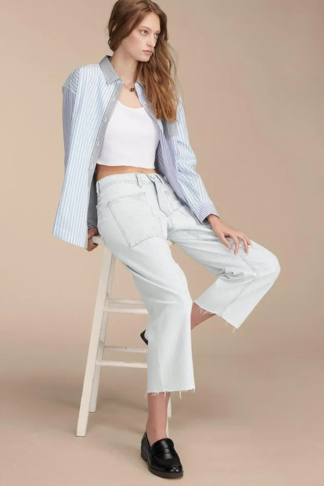 Women Lucky Brand Blouses Stripe Mix Boyfriend Prep Shirt Blue Stripe Mix