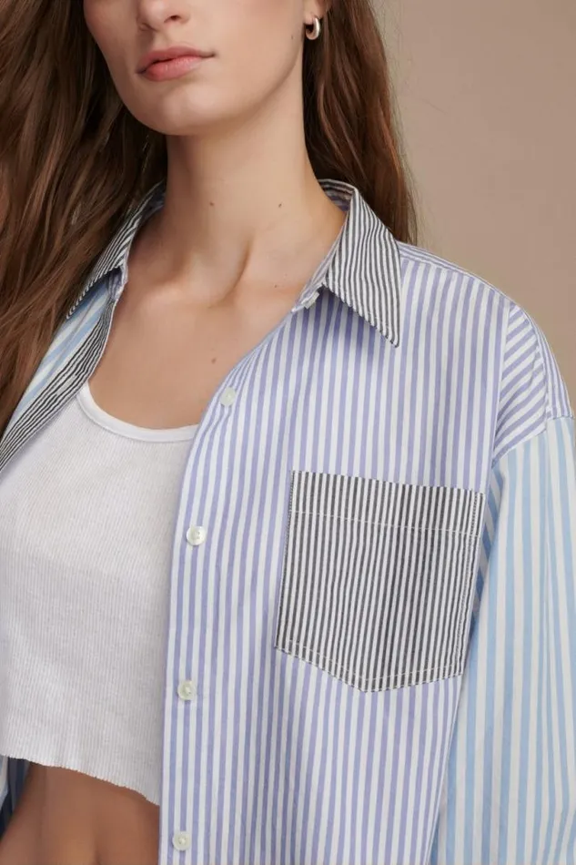 Women Lucky Brand Blouses Stripe Mix Boyfriend Prep Shirt Blue Stripe Mix