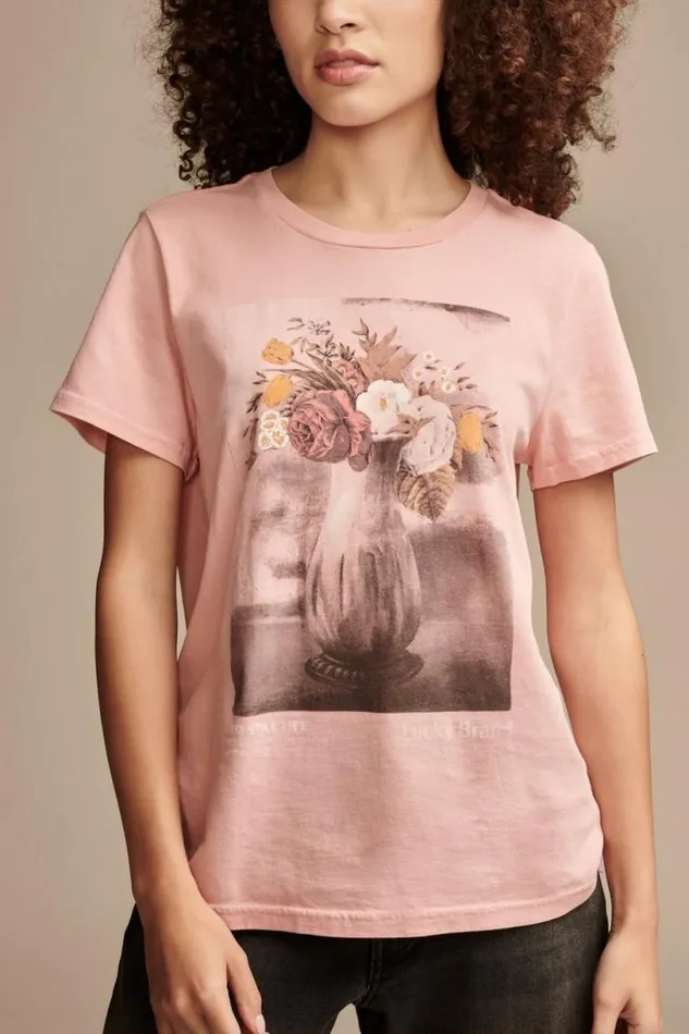 Women Lucky Brand Graphic Tees Floral Vase Classic Crew Rose Tan