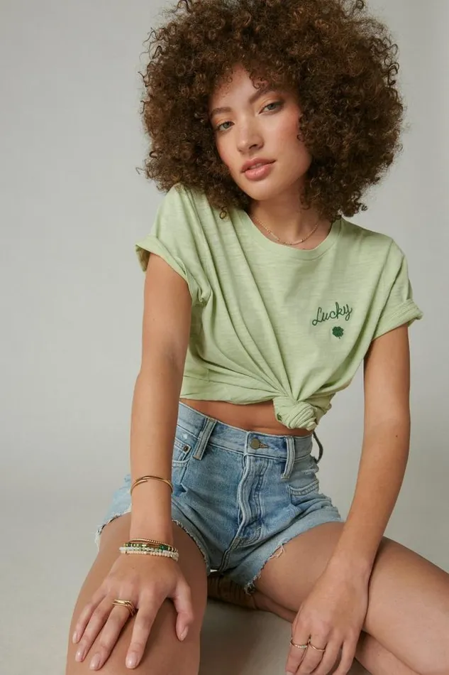 Women Lucky Brand Graphic Tees Green Left Chest Clover Classic Crew Spray