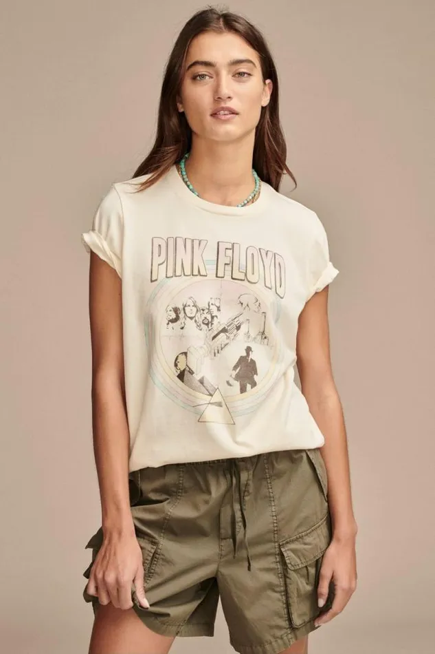 Women Lucky Brand Graphic Tees Pink Floyd Circle Classic Crew Turtledove