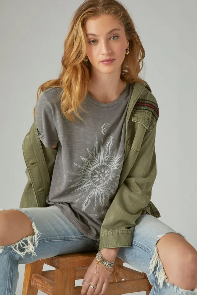 Women Lucky Brand Graphic Tees Spiritual Boyfriend Crew Plum Kitten