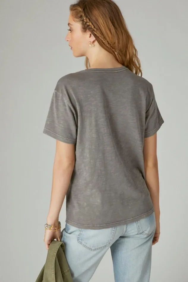Women Lucky Brand Graphic Tees Spiritual Boyfriend Crew Plum Kitten