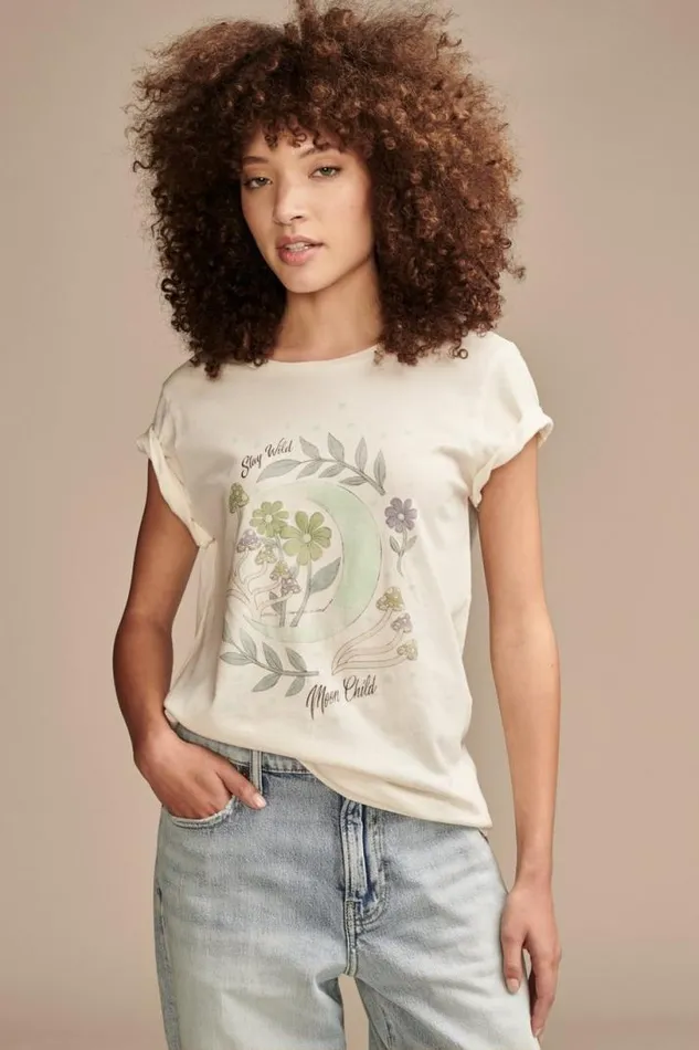Women Lucky Brand Graphic Tees Stay Wild Moon Child Classic Crew Whisper White