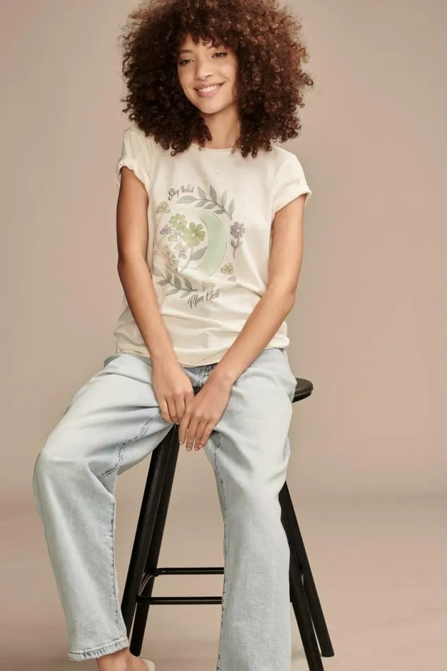 Women Lucky Brand Graphic Tees Stay Wild Moon Child Classic Crew Whisper White