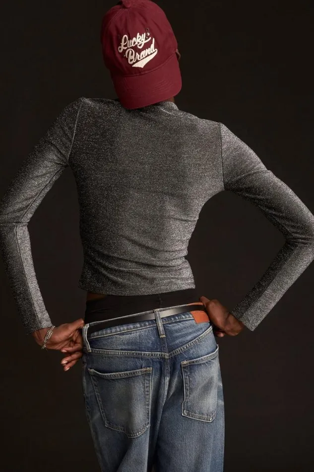 Women Lucky Brand Knit Tops Long Sleeve Lurex Top Silver