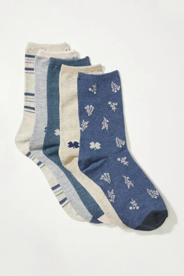 Women Lucky Brand Socks 5pack Pack Ditsy And Plaid Print Crew Socks Open Blueturquoise